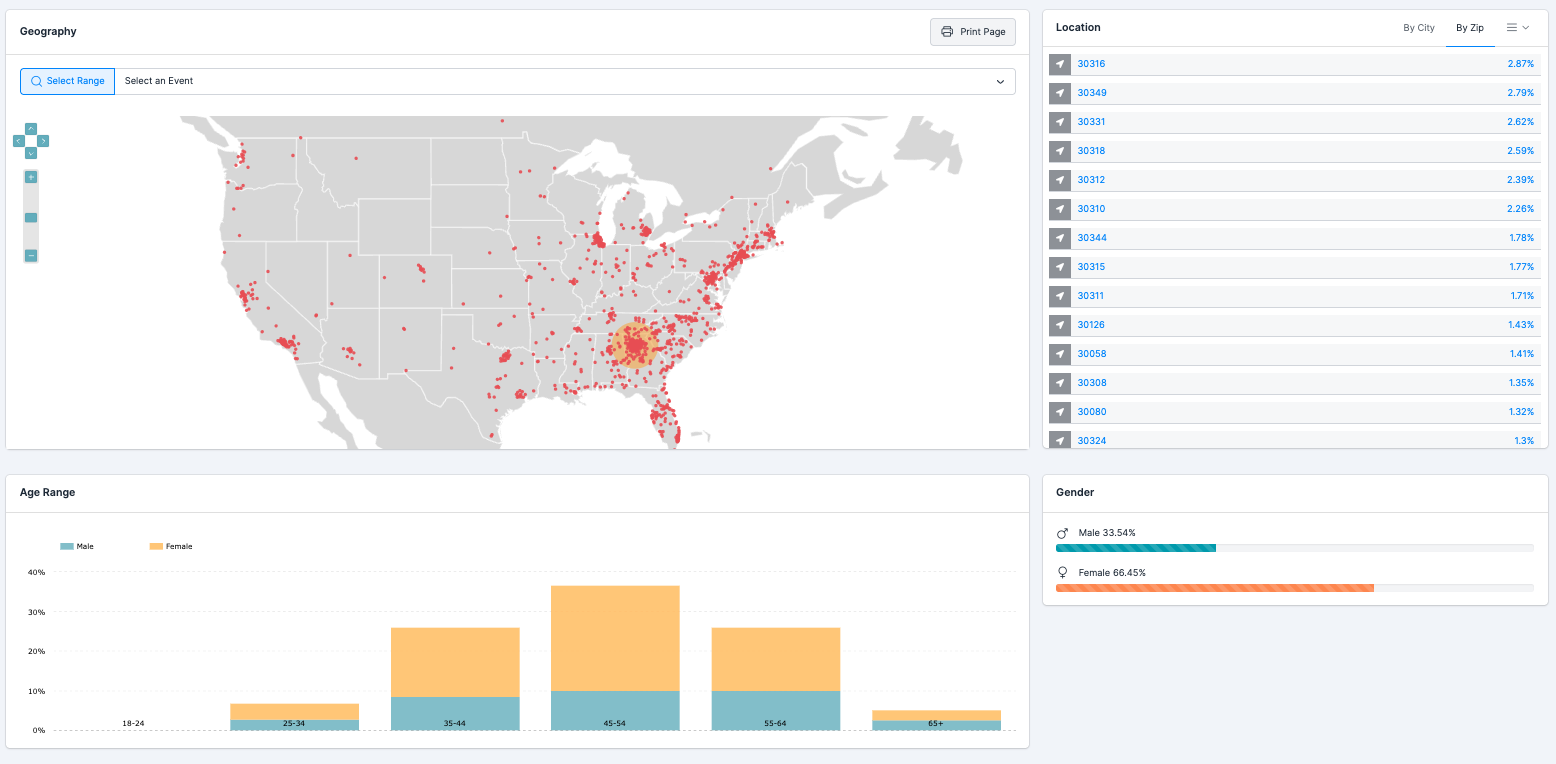 Attendee map showing geographic distribution of ticket buyers